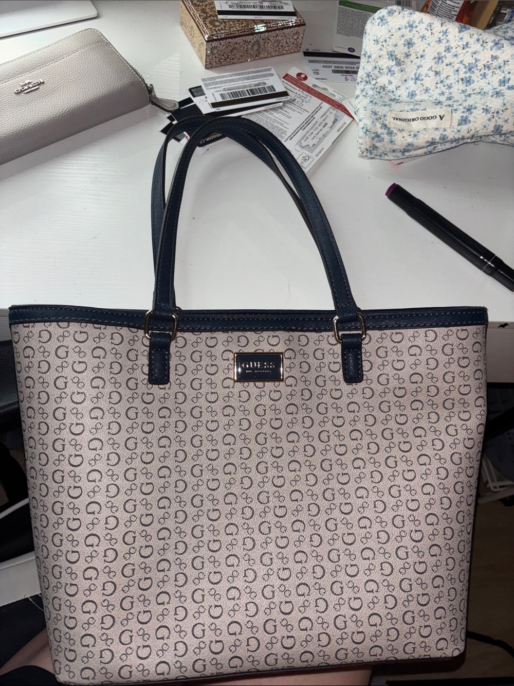 GUESS Beige Tote with Navy Trim and Logo Print